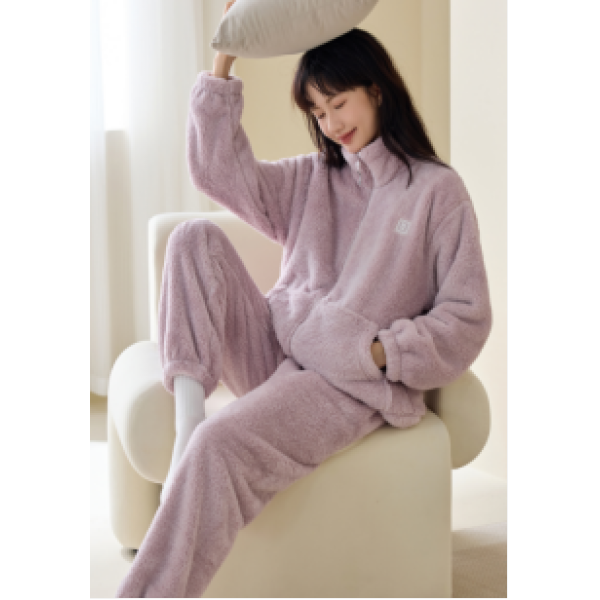 情侣可外穿舒棉绒家居服套装胸标拉链款加绒加厚保暖胸标拉链款