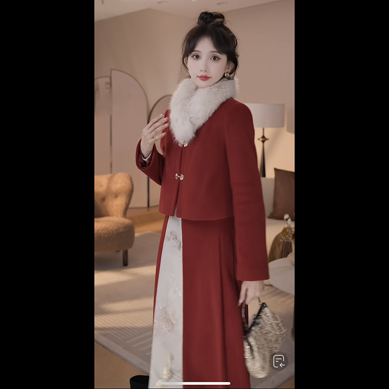 新款约裙两件套高级感套装女秋冬马面香显瘦新中式气质上衣加厚