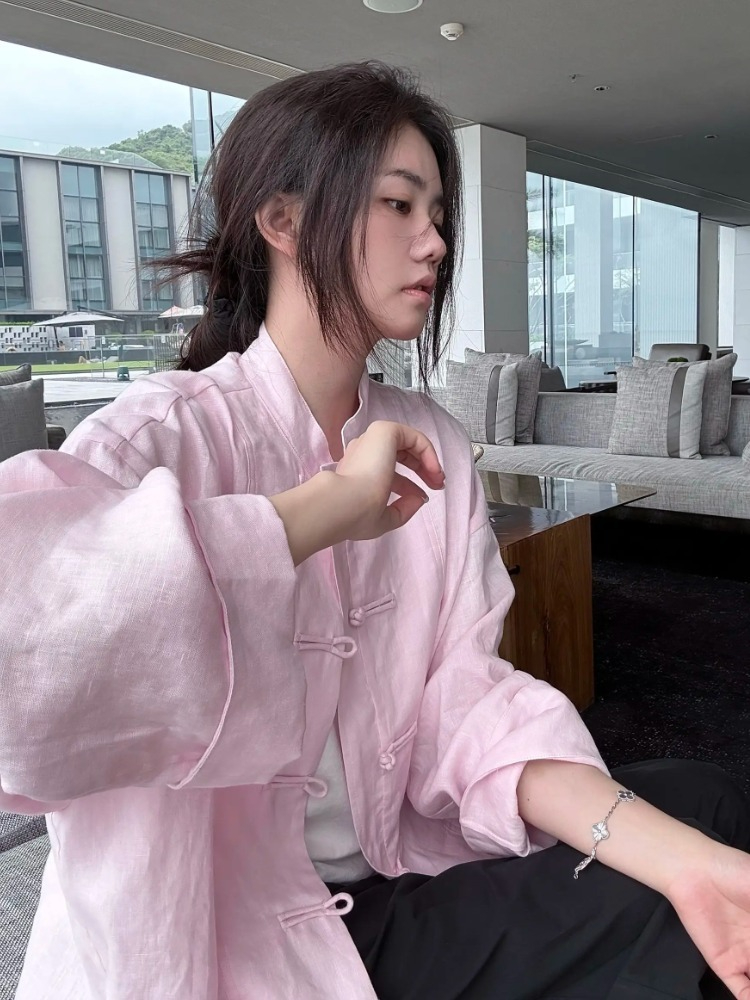 新中式粉色宽松外套2025早秋气质高端超好看独特漂亮国风盘扣上衣