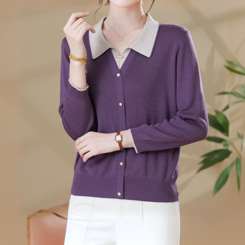 莱赛尔天丝妈妈秋冬装翻领中老年女装洋气小衫假两件打底针织上衣