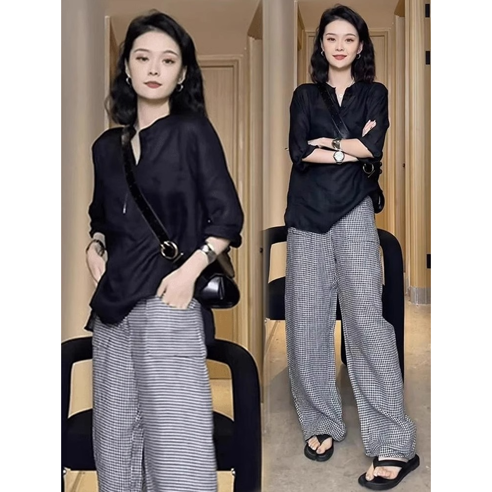 时尚套装女2025夏季新款时髦洋气宽松防晒衬衫格子阔腿裤两件套潮