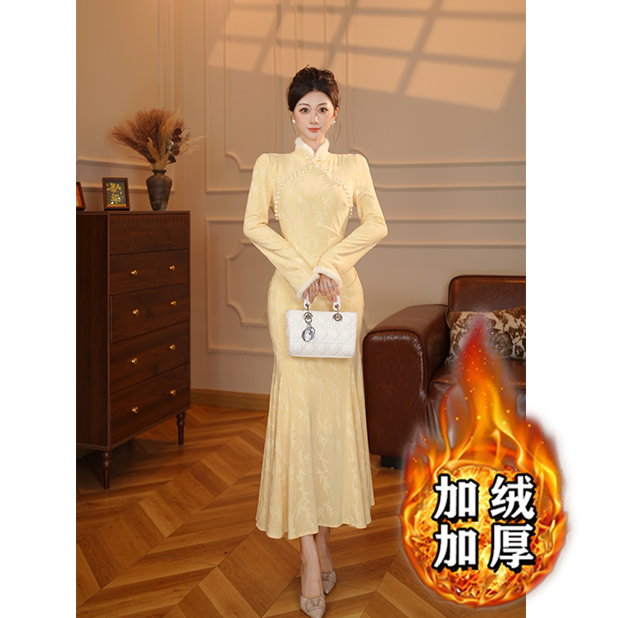 【张小小专属】【加绒加厚】【黄】新中式连衣裙2025秋冬显瘦裙子D4143