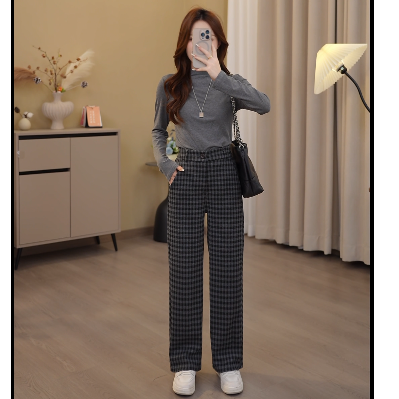 秋冬小个子女棋盘格显瘦高腰宽松百搭加厚外穿裤子格纹休闲裤