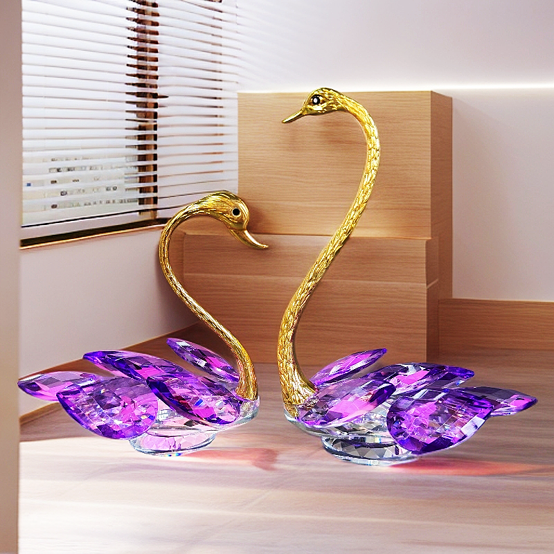 K9水晶玻璃紫色天鹅摆件轻奢创意电视柜酒柜玄关装饰品结婚送礼物
