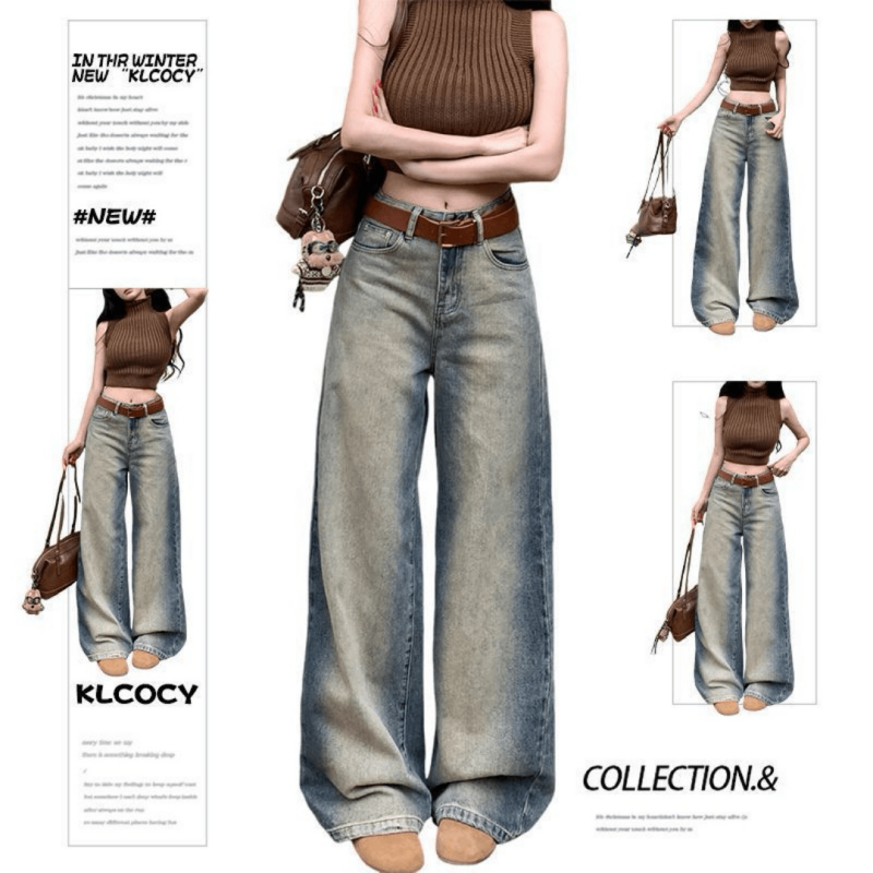 【送腰带+运费险+现货】百搭复古做旧低腰牛仔裤女宽松垂感拖地长裤