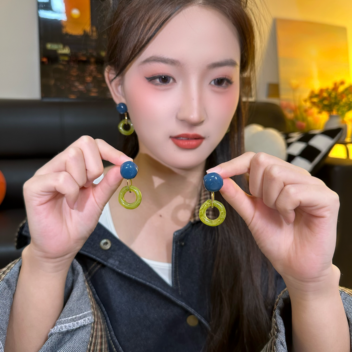 铜合金耳饰 清新撞色耳钉流苏简约百搭气质耳环女小众个性耳饰