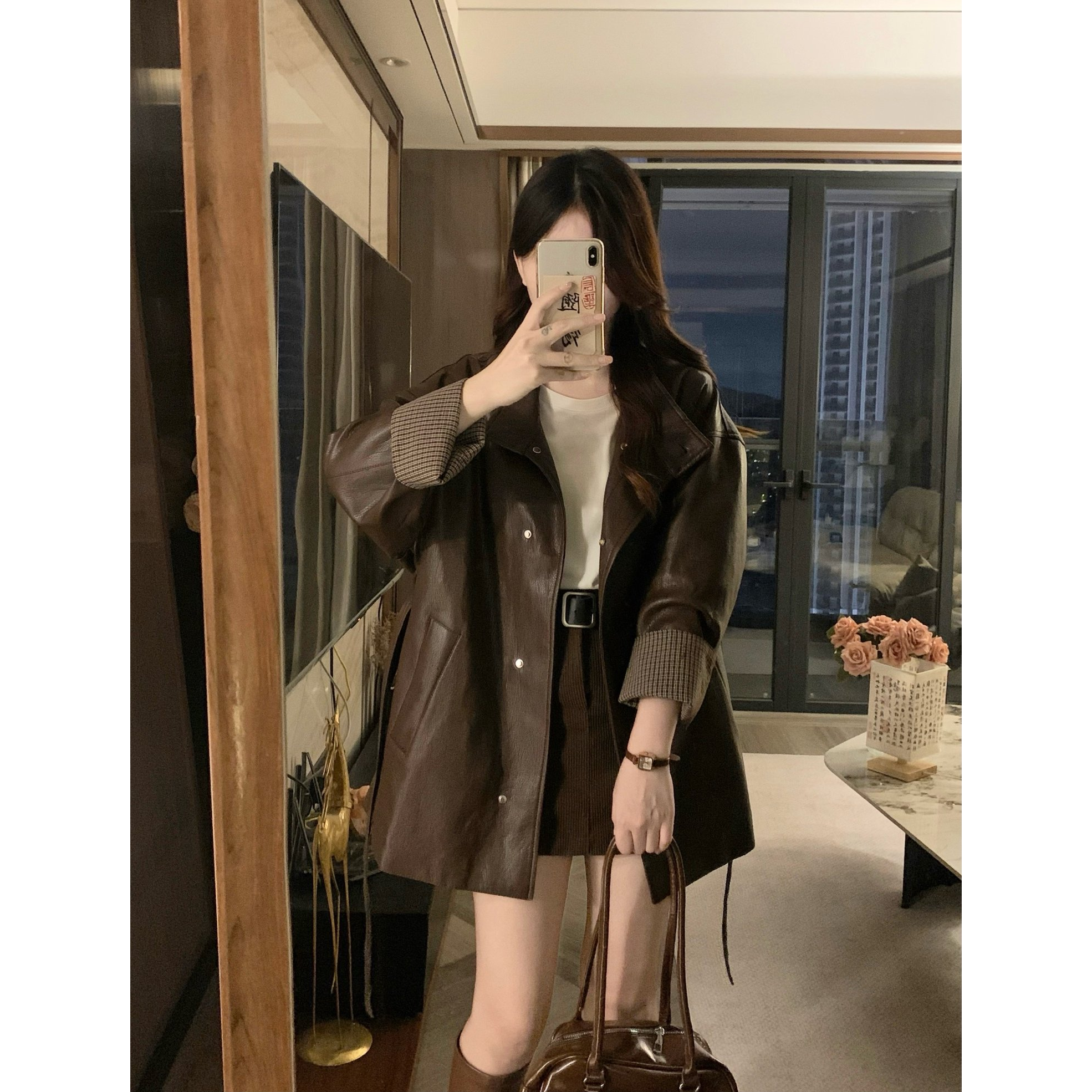 美拉德咖色复古pu皮衣外套女秋季新款宽松高级独特中长款夹克上衣