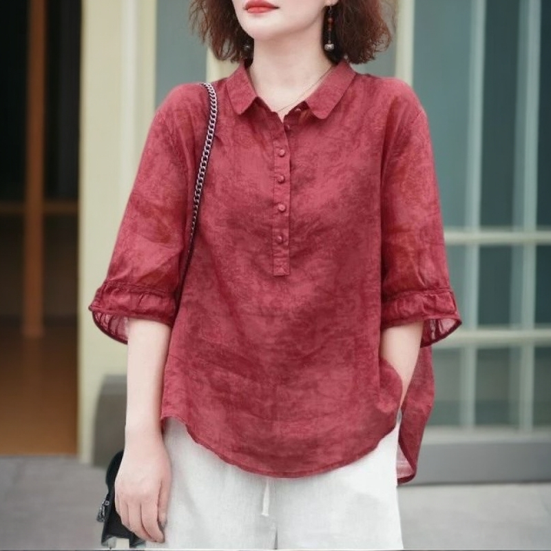 啄木鸟夏季高端麻棉短袖衬衫女早秋大码中年妈妈时尚洋气七分袖上