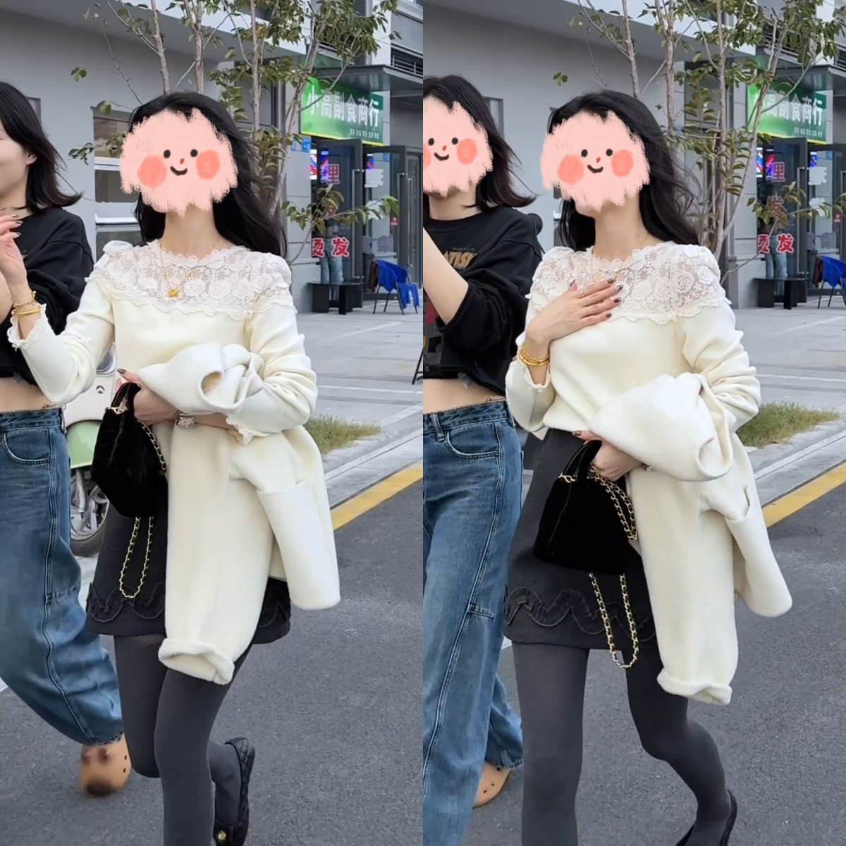 2025冬季新款蕾丝拼接时尚气质显瘦长袖针织衫高腰花边短裙套装女