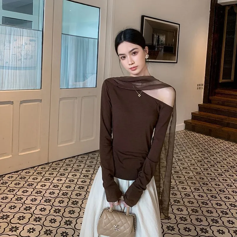 2025法式复古T恤女装2025早秋季新款美拉德风斜肩修身打底上衣女