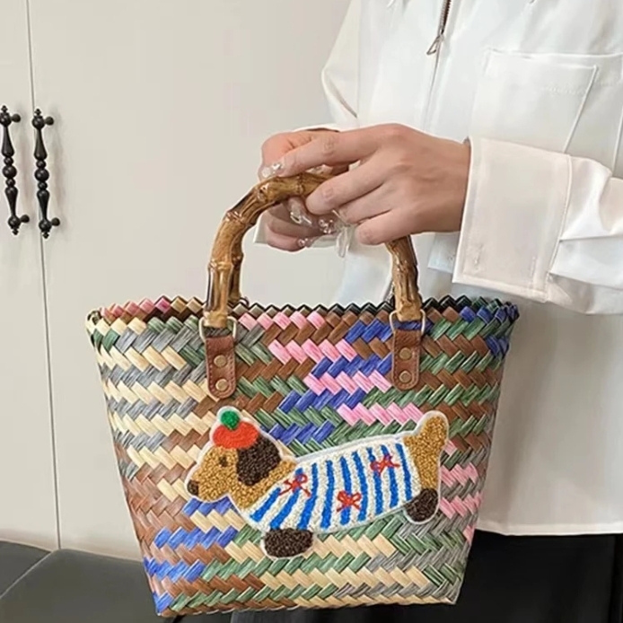 腊肠狗手工仿竹节编织包复古菜篮子网红包包简约