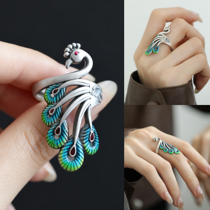 合金戒指 复古新中式珐琅彩手工孔雀戒指环高级感百搭女小众食指