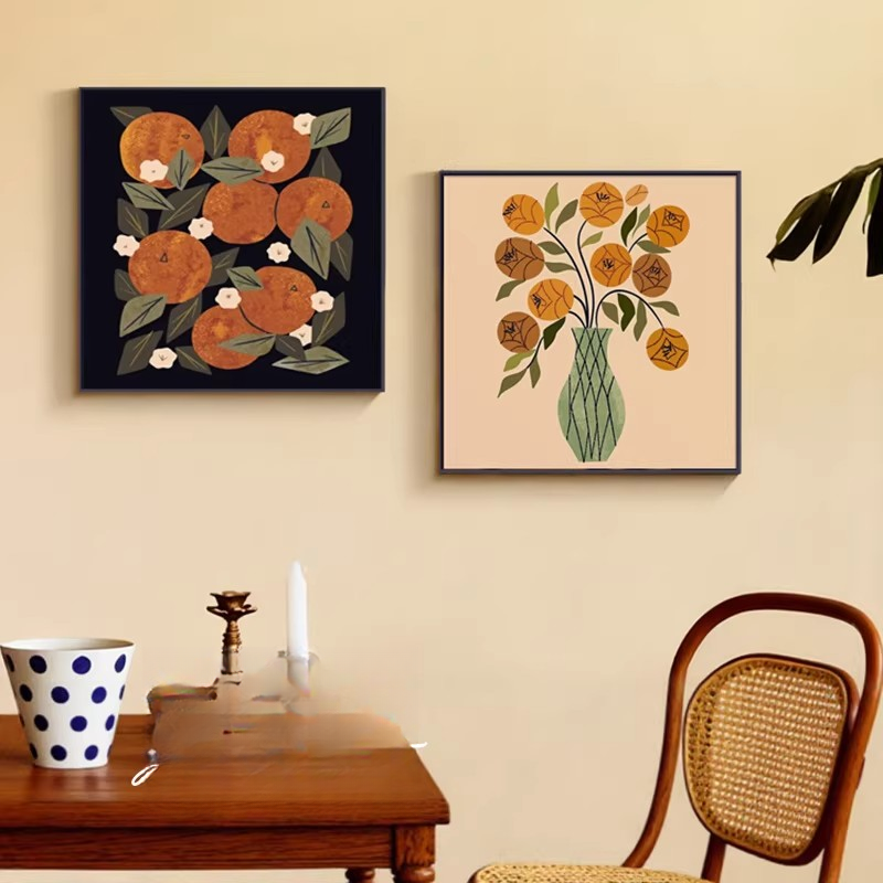 柿柿如意寓意好餐厅墙壁装饰画小众艺术中古风客厅壁画卧室挂画