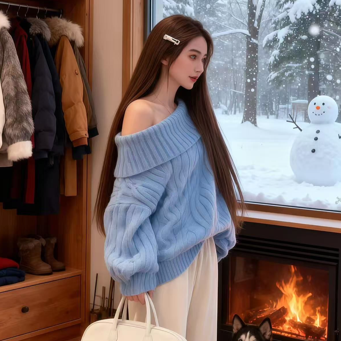 日系温柔风麻花一字肩套头毛衣女冬季加厚宽松高级感蓝色针织上衣