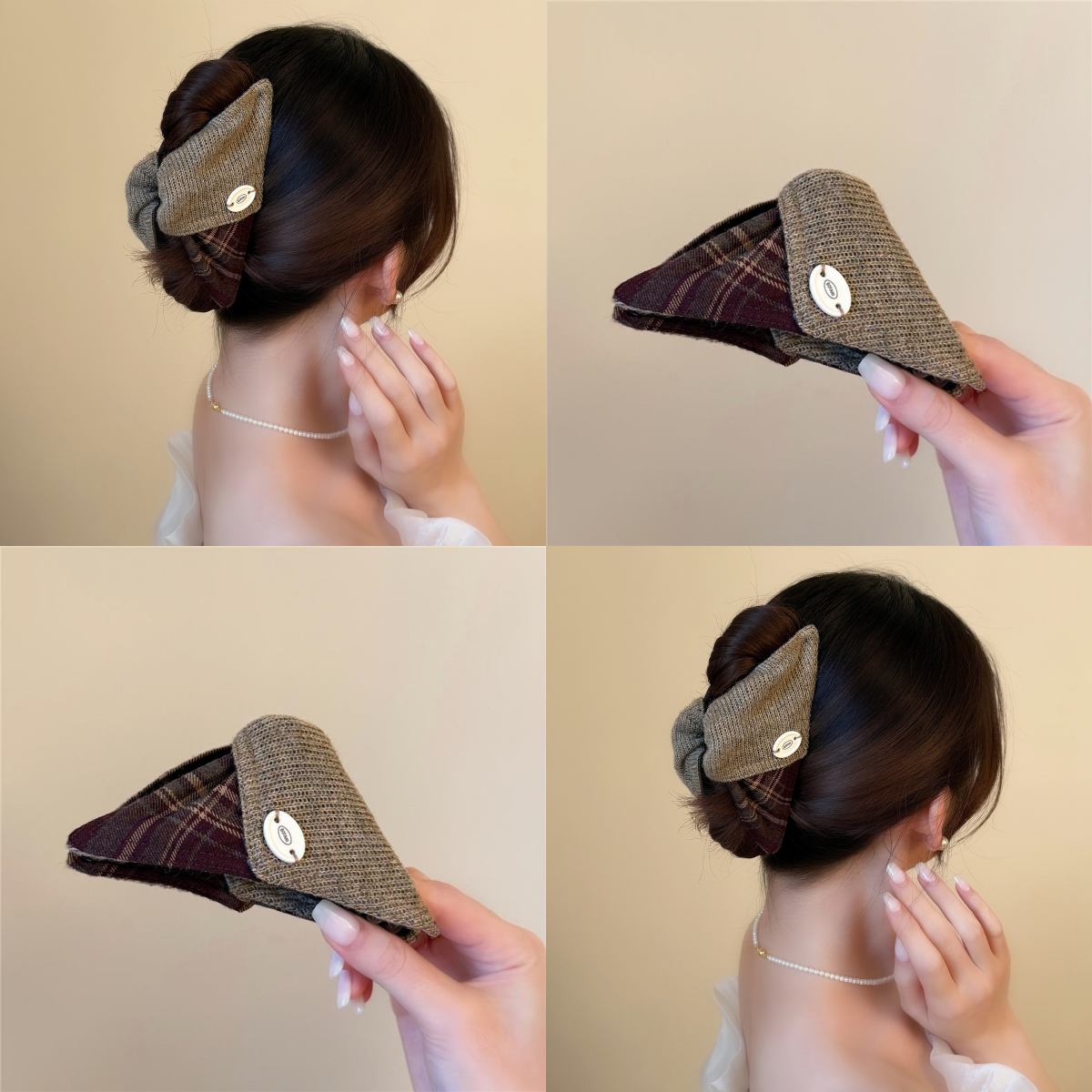 咖啡色金标缎面格纹贝壳发夹女2025新款高颜值高端百搭扎马尾发夹