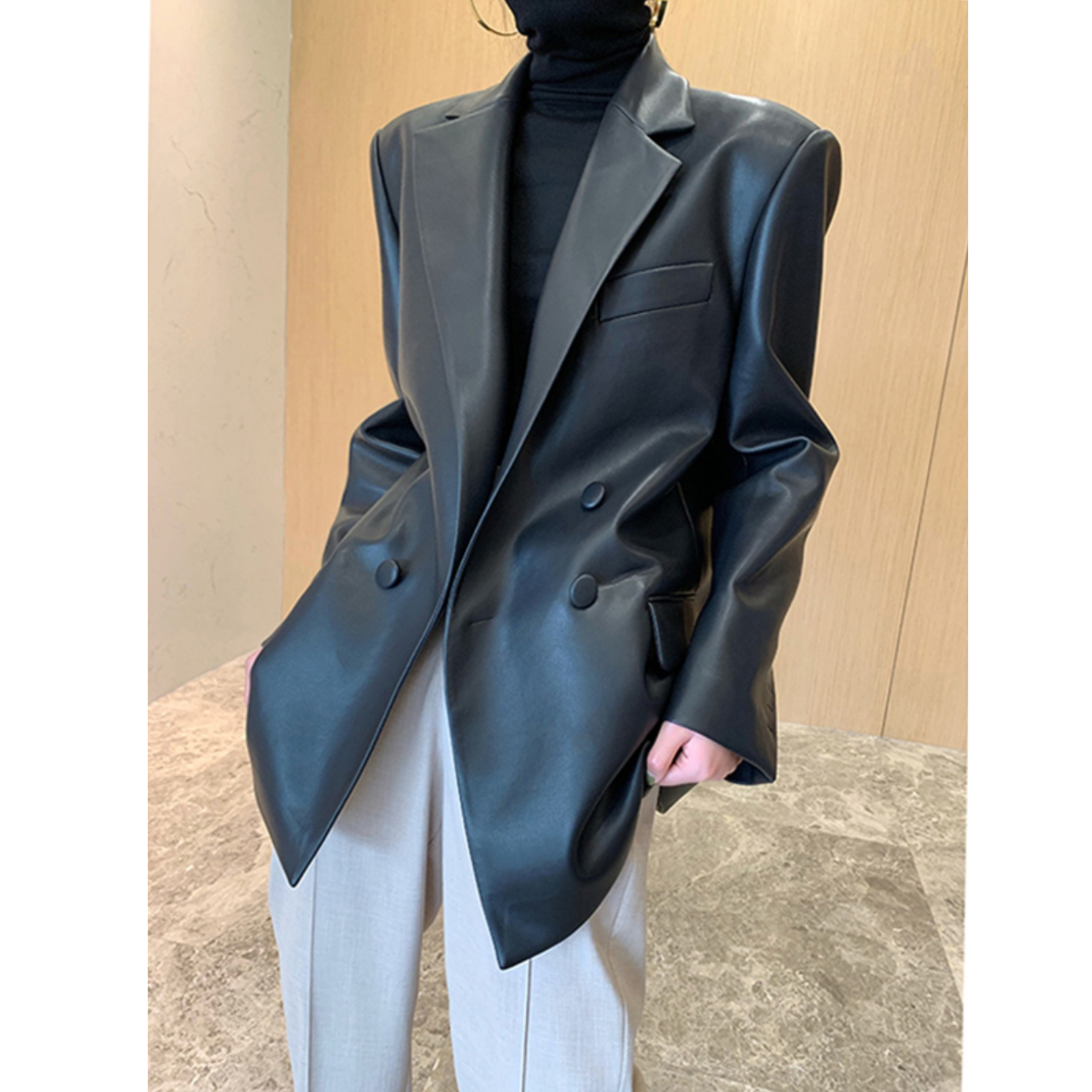 复古港味皮西装外套女秋2025年新款韩版高级感宽松超纤皮西服上衣