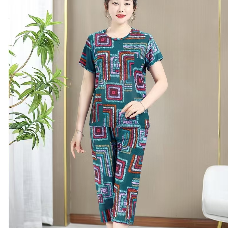 【宠粉特价】时尚洋气冰丝休闲气质妈妈冰丝套装宽松印花妈妈装