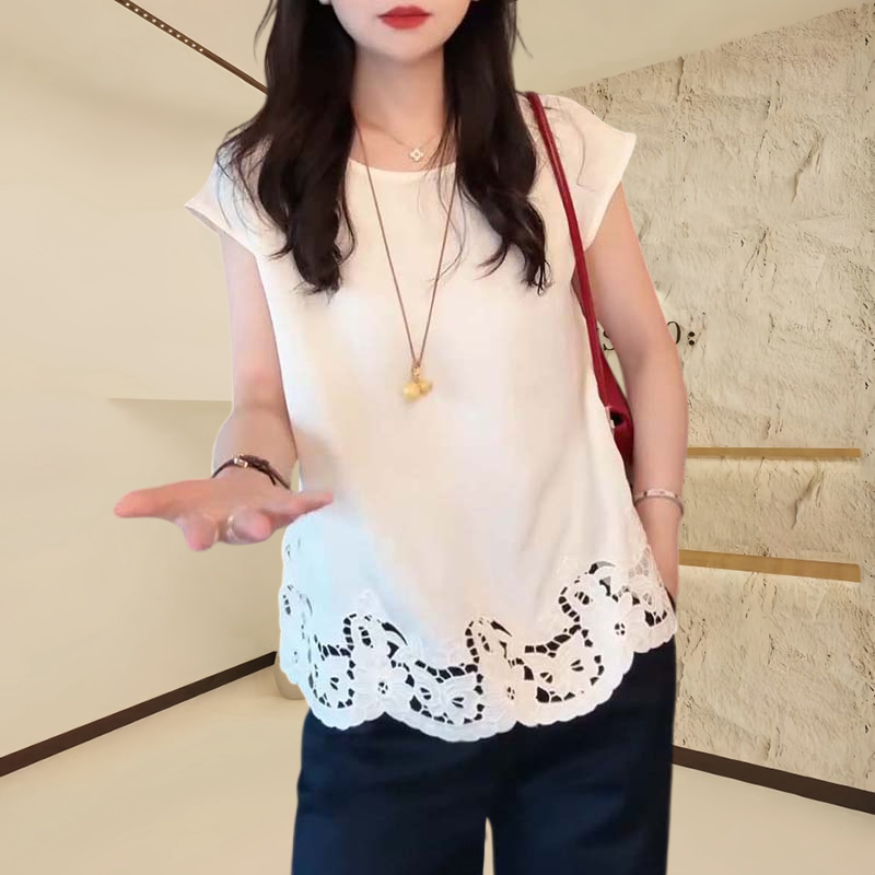 洋气高贵蕾丝花边设计无袖T恤女2025新款爆款时尚减龄飞飞袖上衣