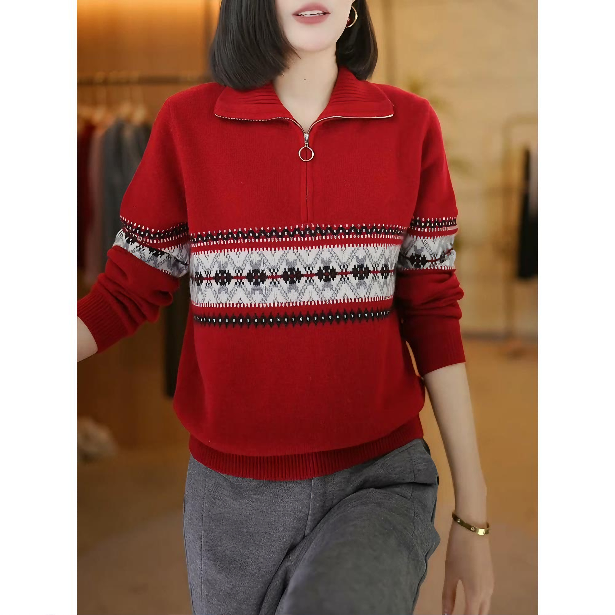 费尔岛红色翻领提花针织衫女秋冬时尚减龄宽松显瘦半拉链毛衣上衣