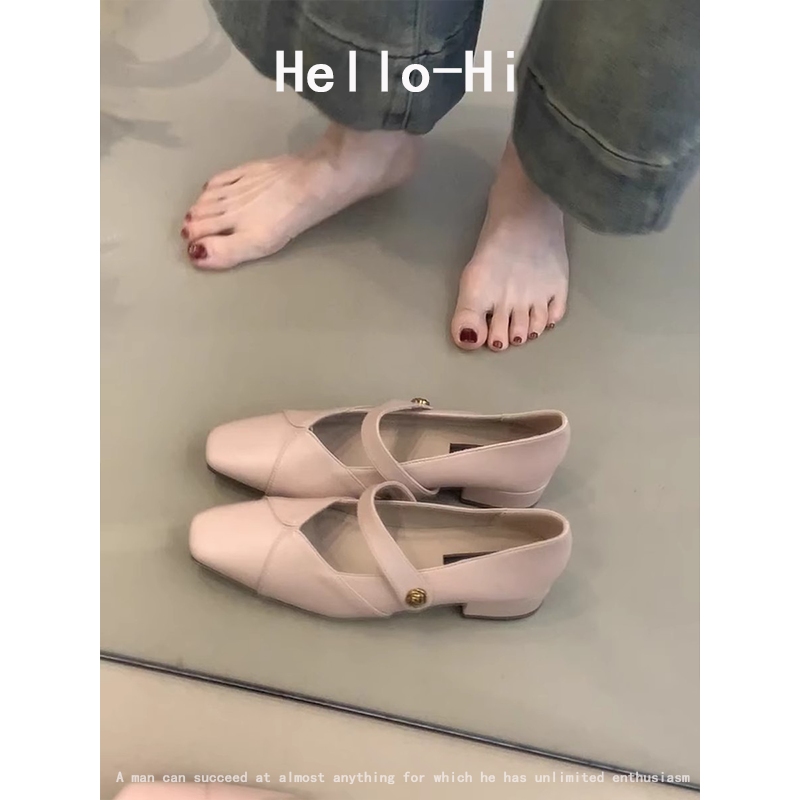 羊皮版~温柔法式方头一字带玛丽珍鞋浅口百搭通勤气质粗跟单鞋女