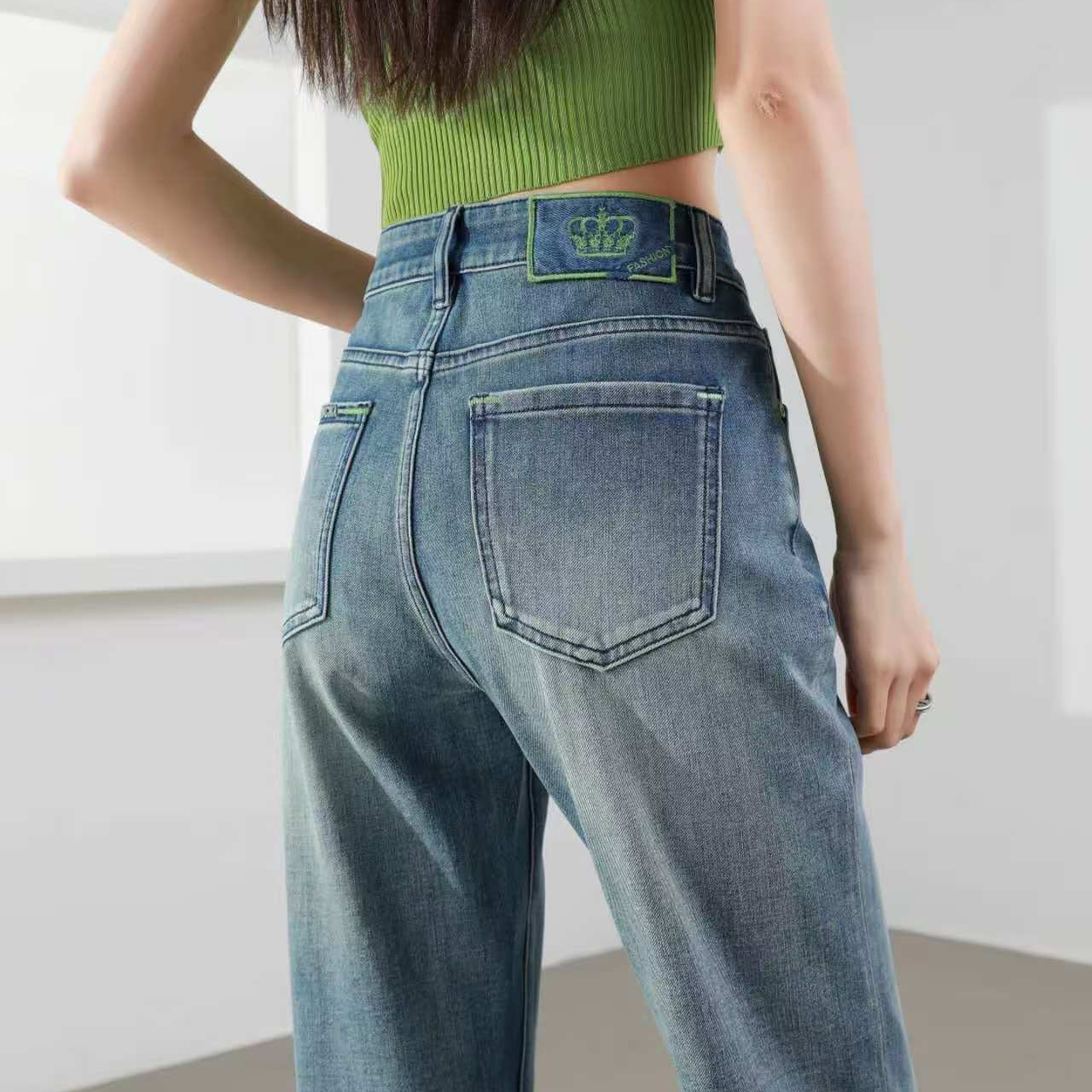 【花宁娜】皇冠·夏季新款百搭显瘦直筒中高腰浅白九分牛仔裤#2511