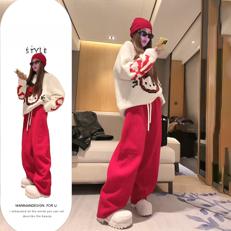 新年圣诞款Kitty猫毛衣穿搭套装2024冬季新款高腰红阔腿裤两件套
