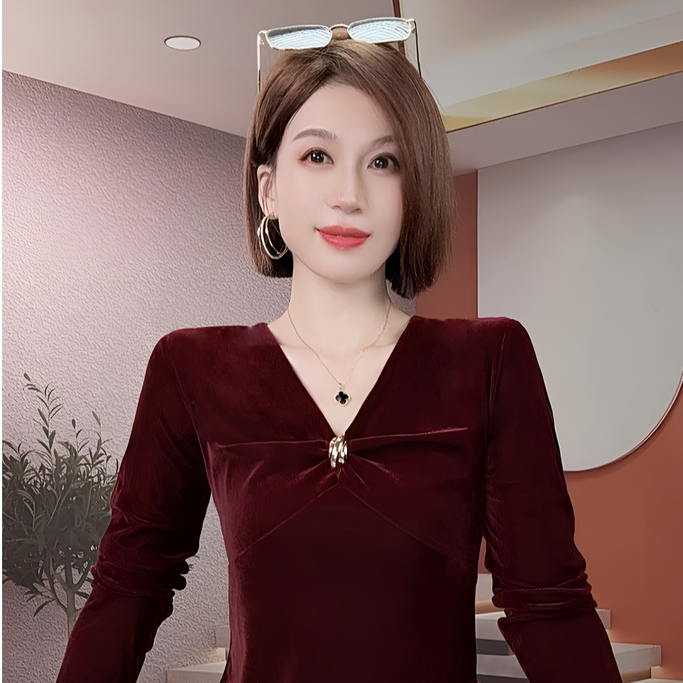 金丝绒v领上衣女春秋新款欧货高端洋气宽松显瘦内搭打底长袖小衫