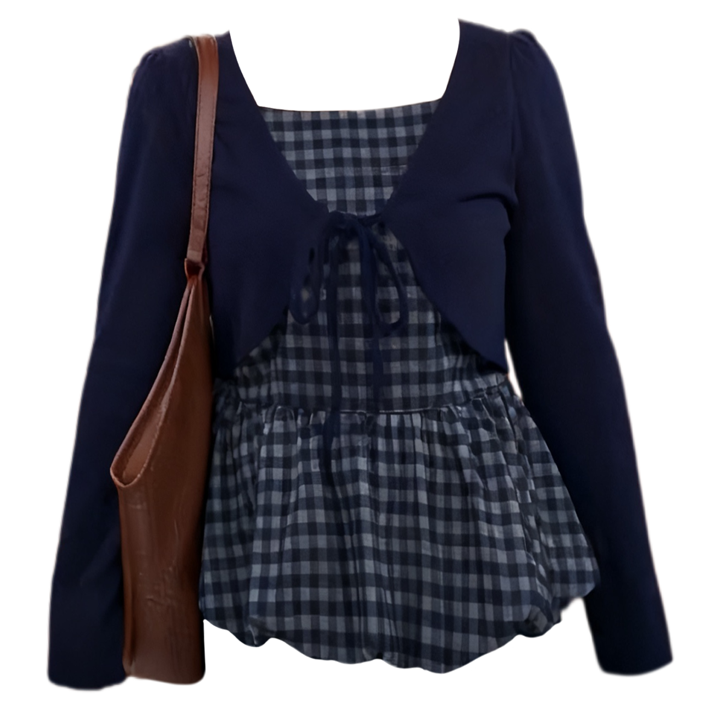 大码胖MM韩系假两件格子拼接长袖开衫女秋季新款绑带收腰减龄上衣