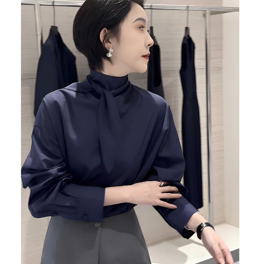 法式复古立领长袖衬衫女2025新款早秋季宽松显瘦休闲独特背扣上衣