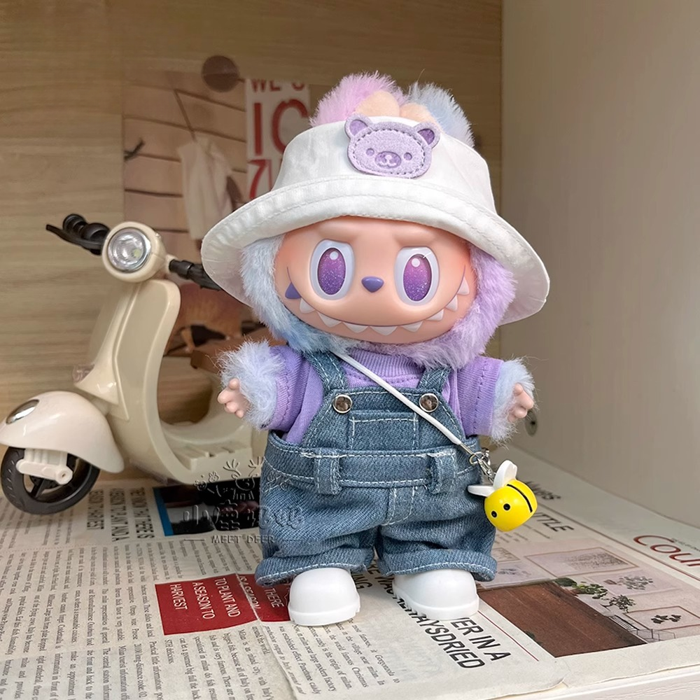 17CM前方高能1/3代拉布布娃衣幸运labubu3.0衣服搪胶公仔背带裤帽