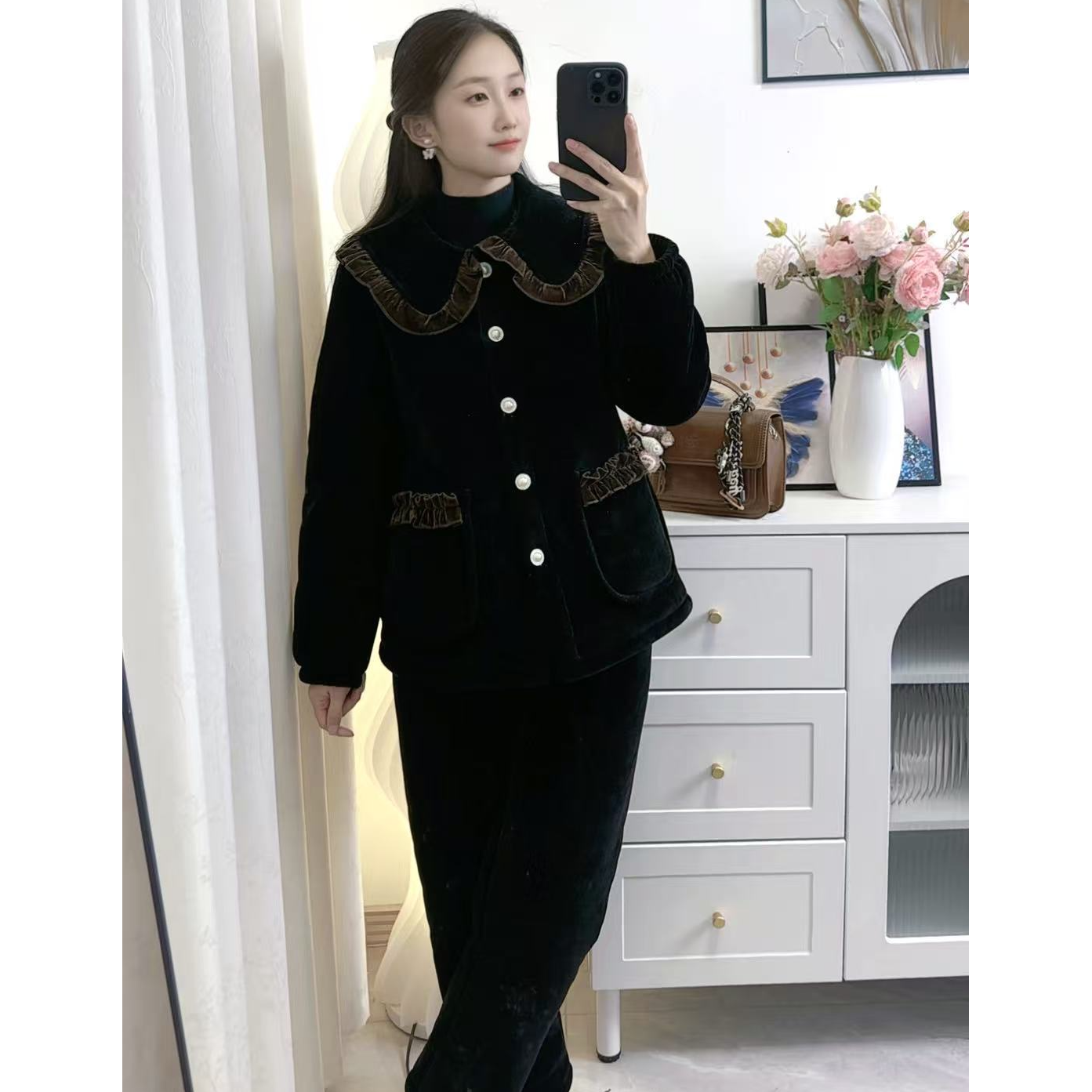 《直筒款》冬季外穿休闲咖色娃娃领花边套装睡衣加厚家居服保暖套装