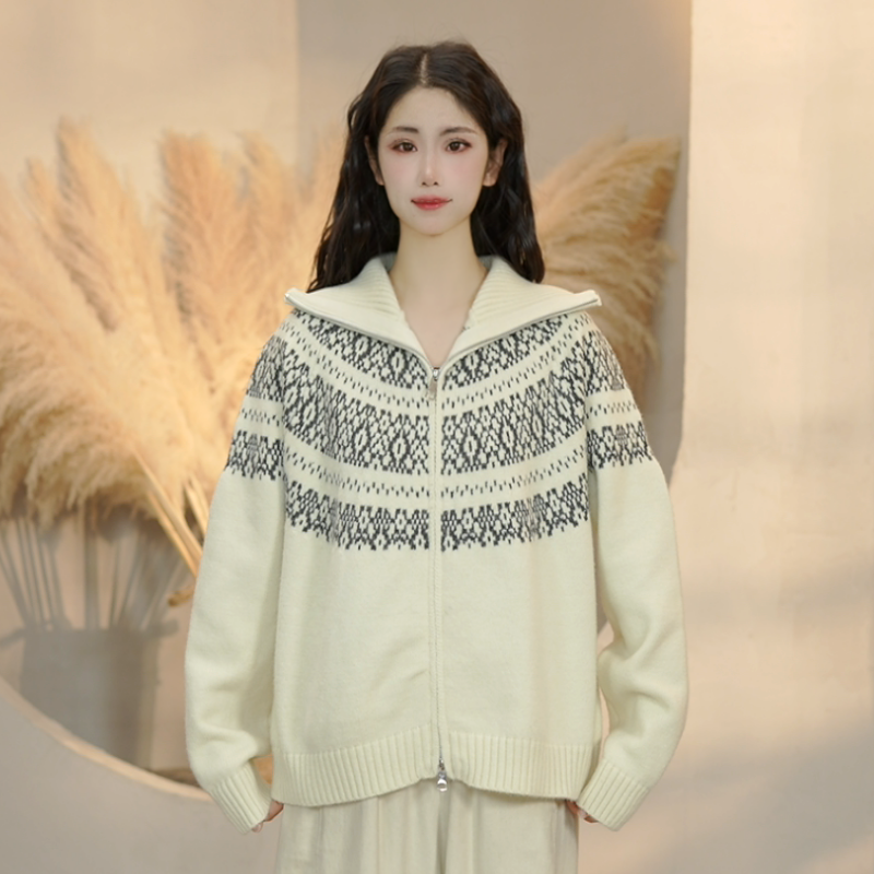 2033 秋冬季新款费尔岛翻领针织开衫拉链加厚宽松拉链毛衣外套女