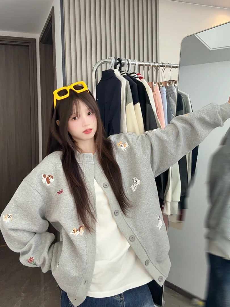 小狗绣花开衫夹克男女2025新款秋季情侣款潮流上衣外套休闲宽松