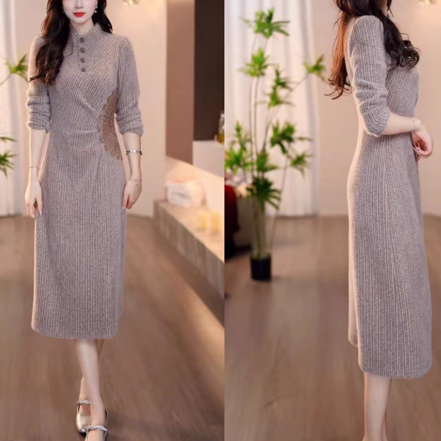 2025秋季新款咖色腰部拼棕色简洁时尚设计显瘦连衣裙M-4XL