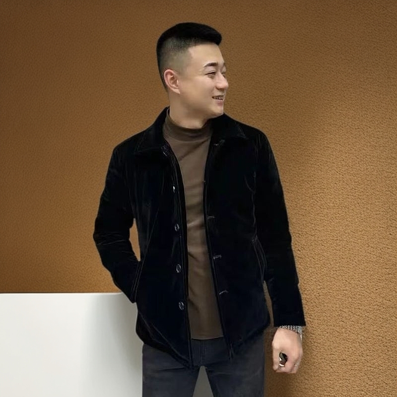 秋冬新款男士金丝绒翻领纯色百搭商务行政夹克保暖韩版棉衣外套男