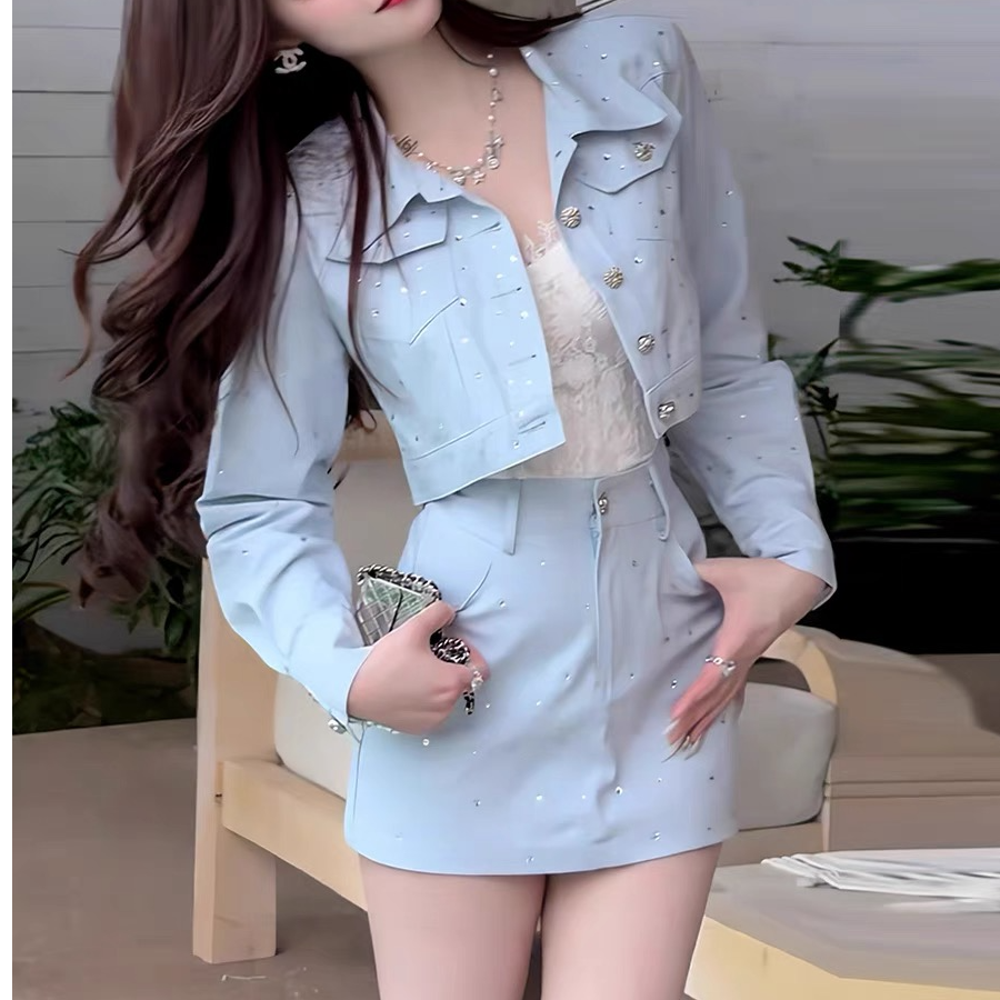 2025秋季新款高级感A字短裙时尚烫钻气质重工高腰显瘦爆款套装女