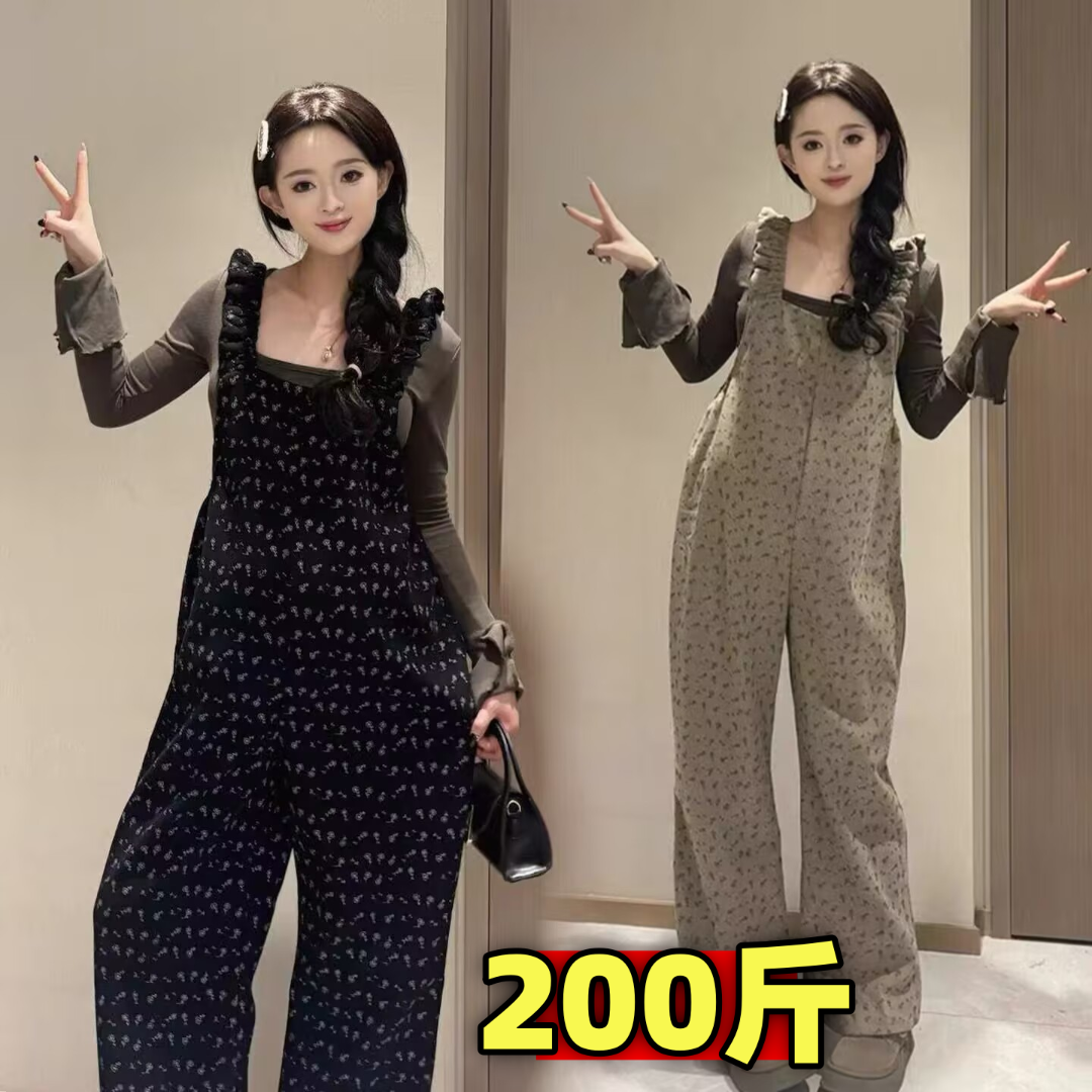 大码孕妇背带裤春秋款时尚阔腿裤外穿宽松灯芯绒碎花连体裤200斤