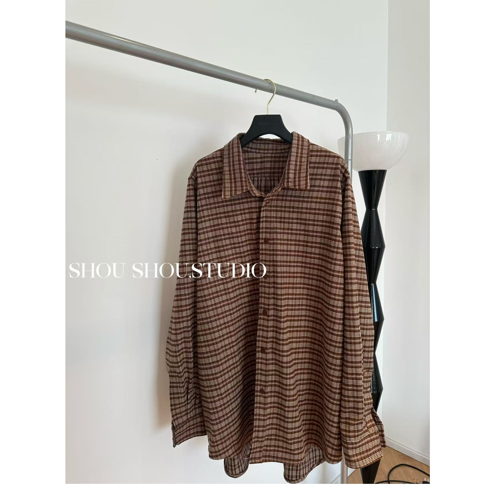 【瘦瘦】大码秋季翻领设计感撞色拼接格子宽松百搭长袖衬衫S01961