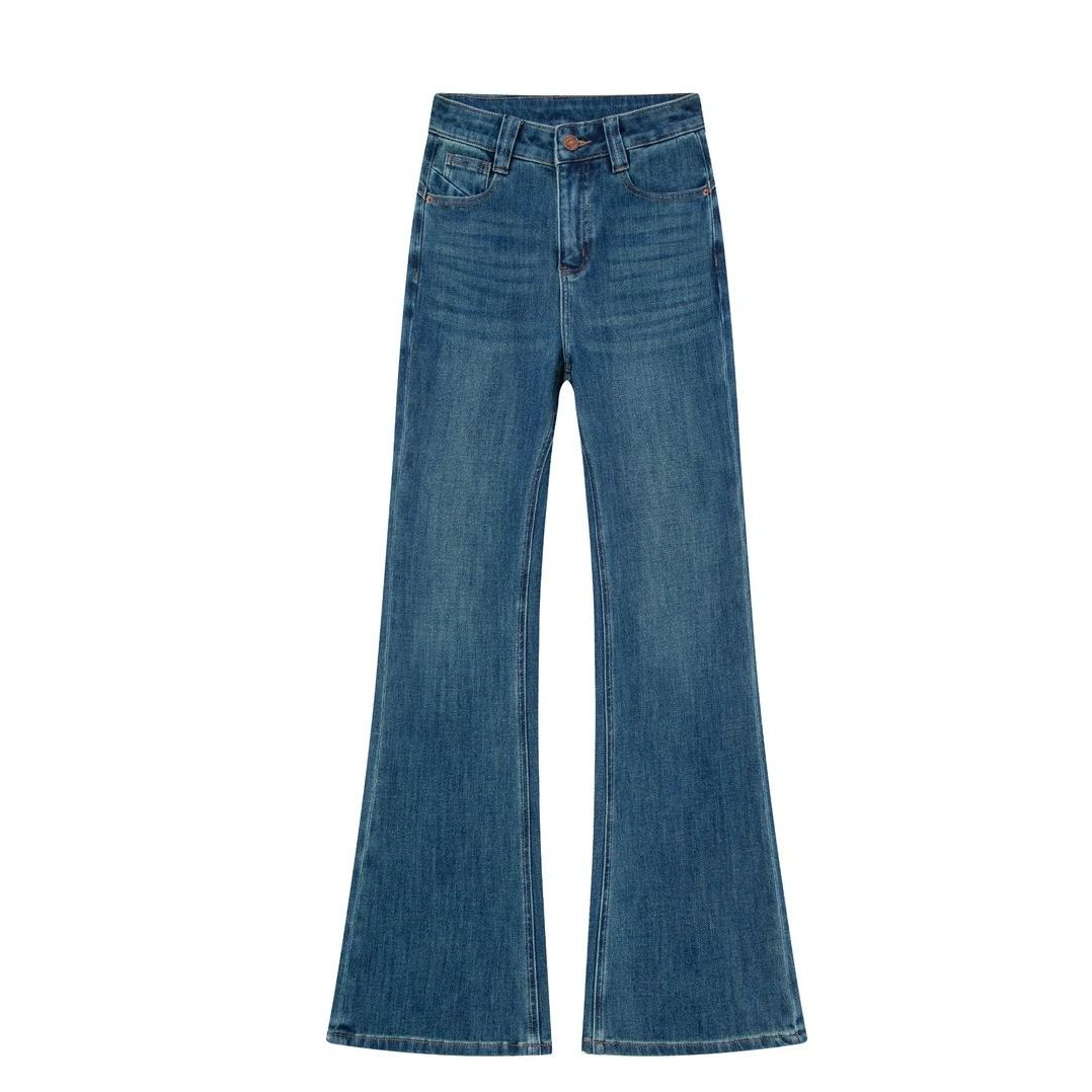 秋冬加绒四面弹蓝色微喇直筒牛仔裤女高腰大码显瘦显腿长喇叭裤