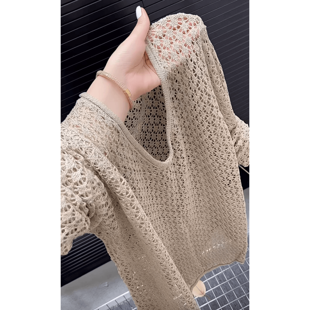 奶茶色设计感镂空长袖针织衫女装秋季新款宽松慵懒风软糯圆领上衣