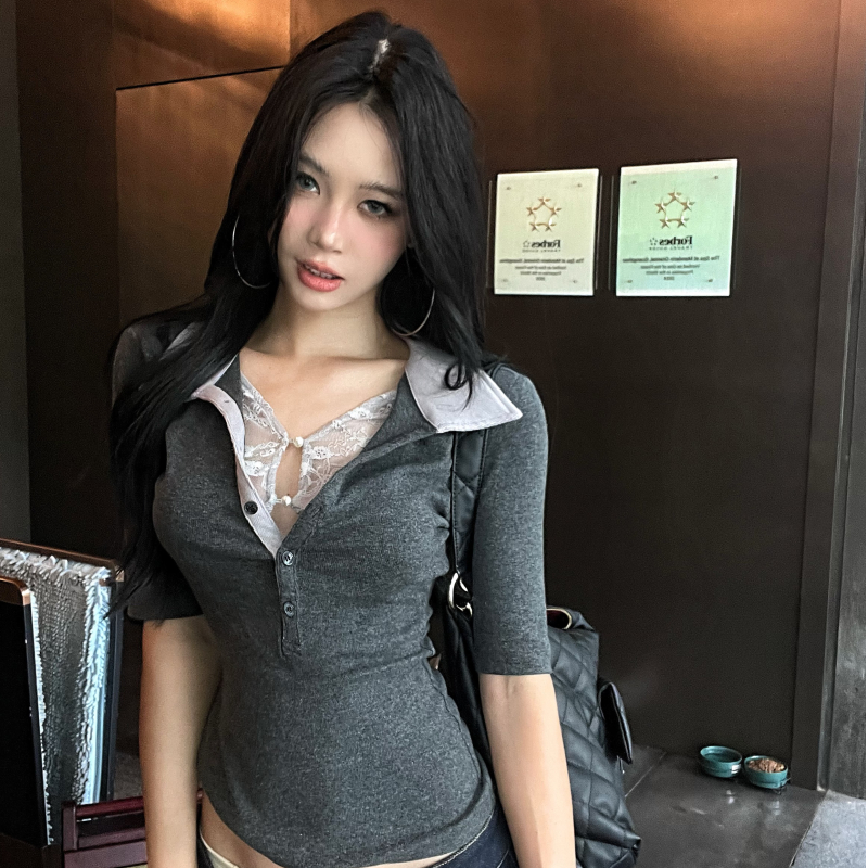 纯欲辣妹假两件蕾丝拼色修身polo领衬衣T恤女五分短袖夏百搭上衣