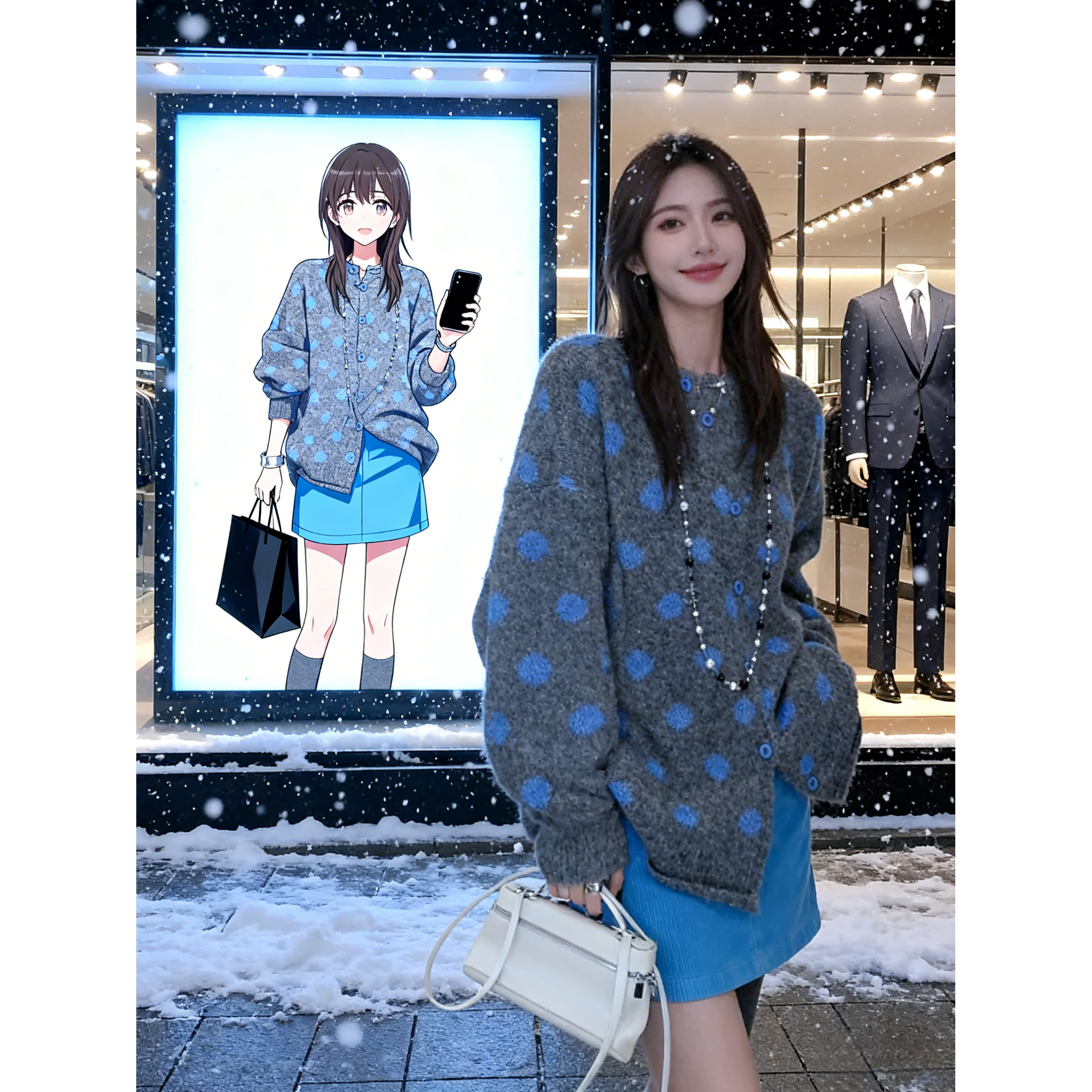 【柔波雅致】秋冬新款时尚潮流套装女高级感宽松毛衣+百搭韩系短裙