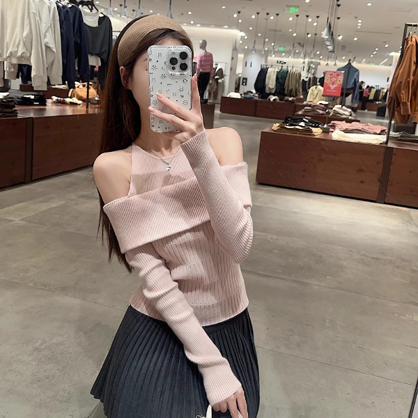 假两件一字肩针织衫上衣女秋季新款设计感独特别致内搭毛衣打底衫