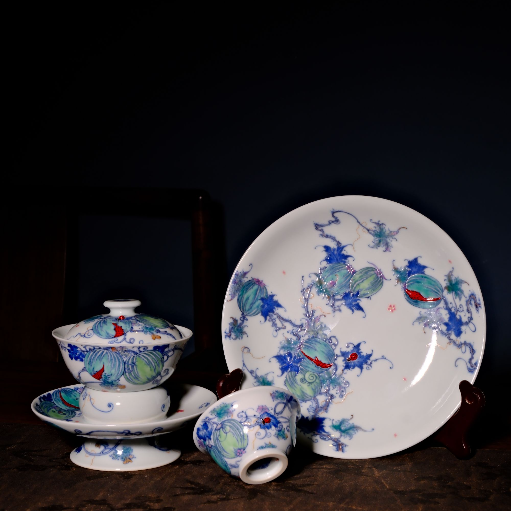 【器度甄选】景德镇六逸堂 青花斗彩 富甲天下西瓜纹系列 茶器复古