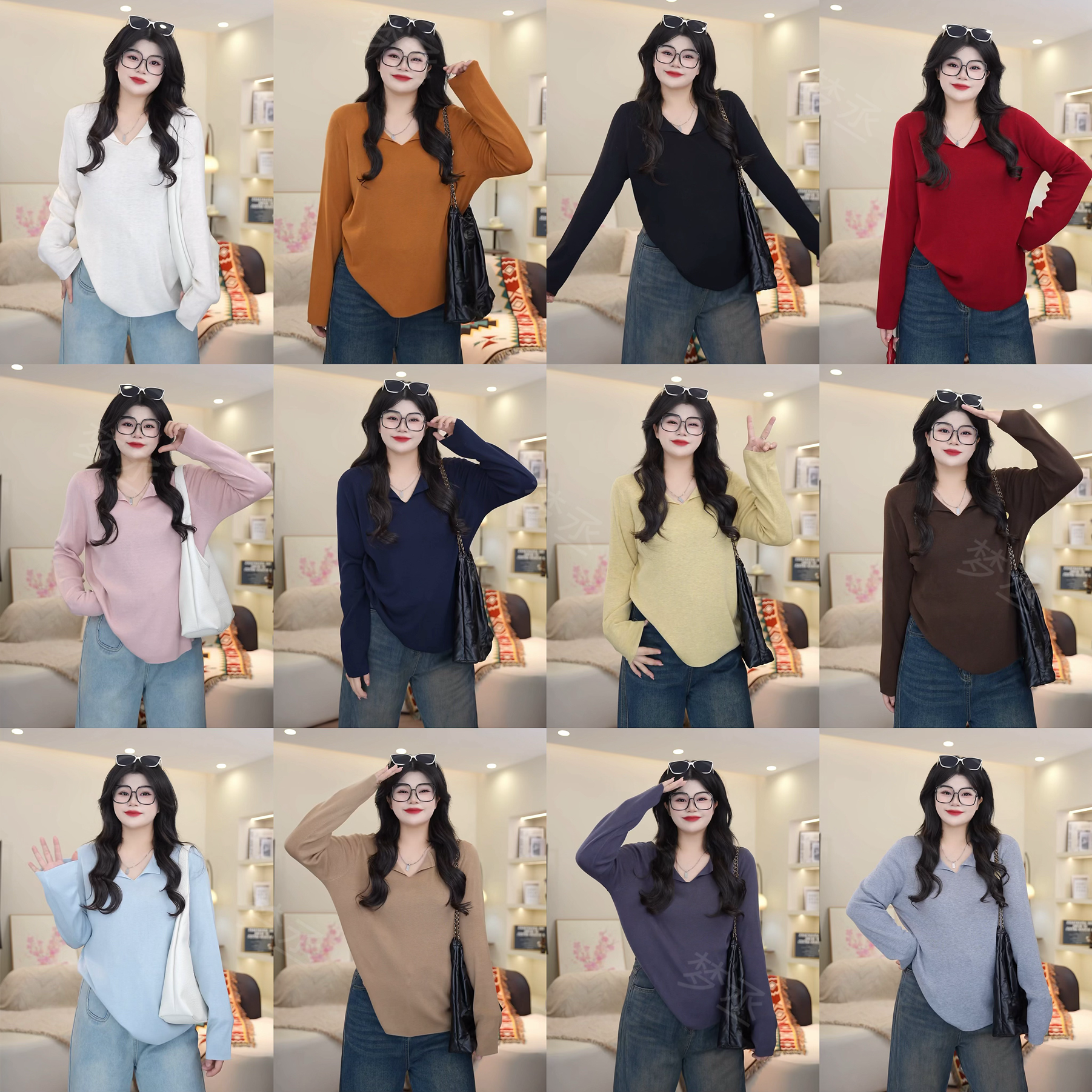 梦丞【高频搭配】大码女装早秋圆领半开胸翻边纯色气质洋气长袖上衣