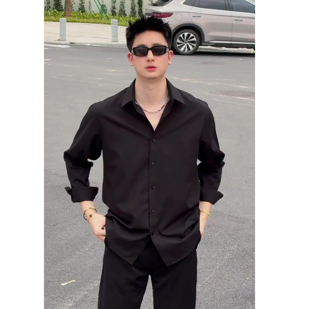 黑色痞帅冰丝衬衫男士潮牌高级感痞帅商务休闲西装内搭长袖衬衣