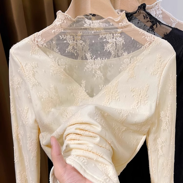高领加绒蕾丝打底衫女秋冬2025新款保暖洋气内搭小衫毛衣叠穿纱衣