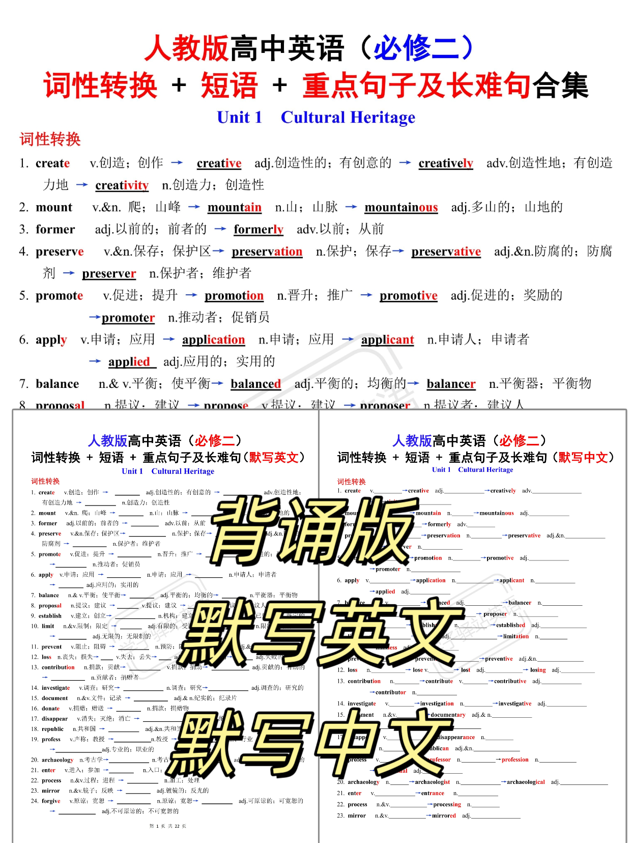 G6209人教版高中英语必修二词性转换+短语+重点句长难句PDF电子版