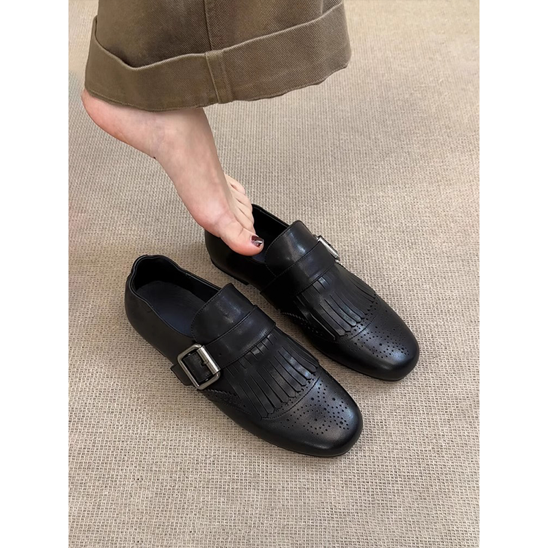 羊皮版~复古布洛克通勤方头乐福单鞋女百搭黑色皮带扣流苏小皮鞋