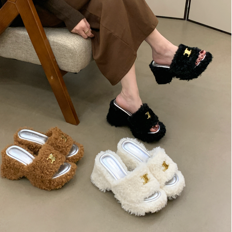 AL-139-8新款卷毛拖鞋女时尚百搭欧美风厚底坡跟高跟毛毛拖鞋女